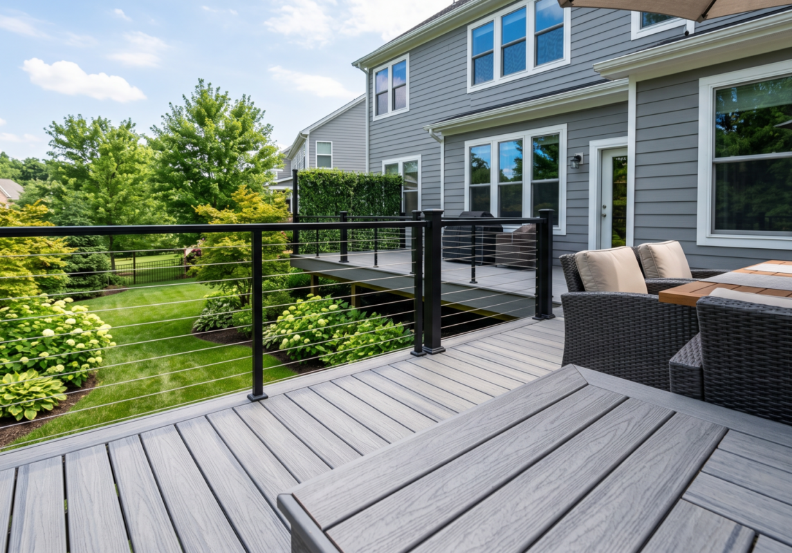 Close up of grey composite decking boards with black cable railings and wicker lounge furniture on an elevated deck attached to a grey suburban home with lush green backyard