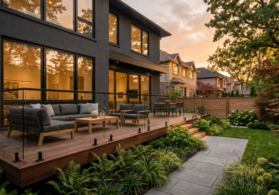 Premium hardwood Ipe deck with frameless glass railings and modern outdoor lounge furniture attached to a dark modern home in a suburban Virginia neighborhood at sunset