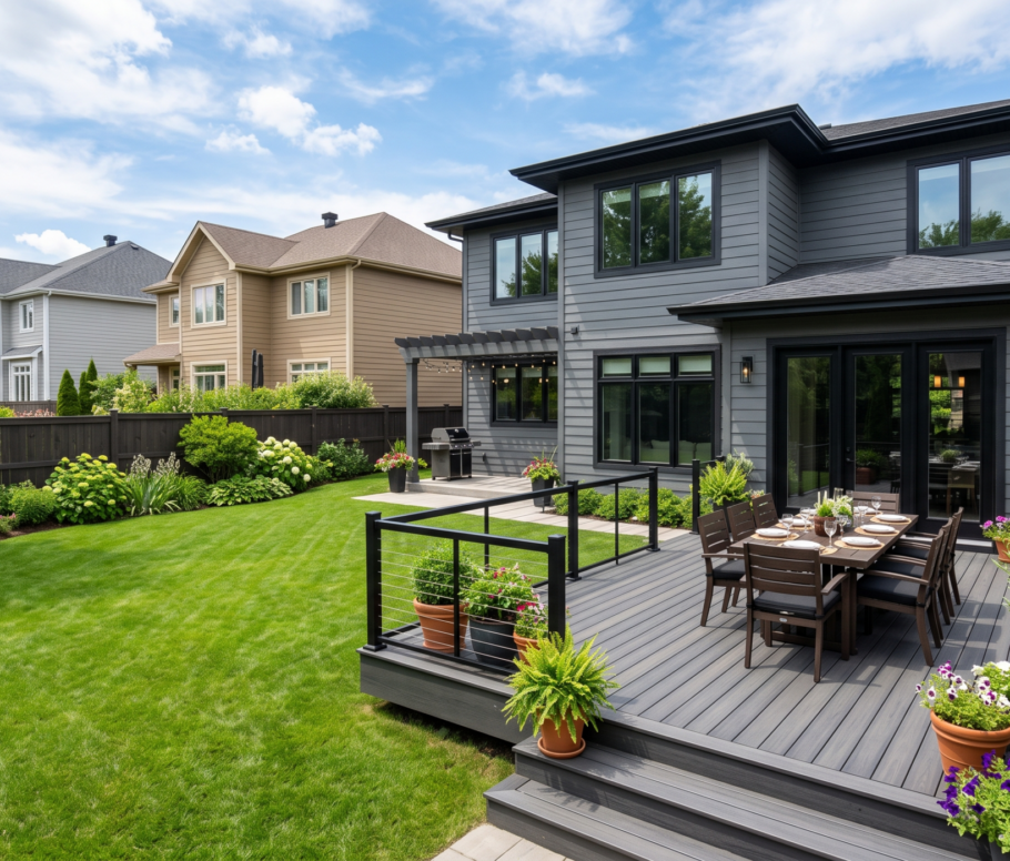 Composite deck with black cable railings, outdoor dining set, and potted plants attached to a modern grey home in a suburban Virginia neighborhood