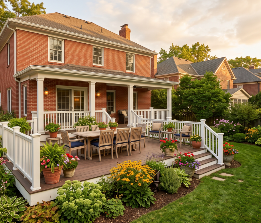Composite deck with white vinyl railings and covered porch attached to a brick traditional home in a suburban Virginia neighborhood surrounded by hydrangeas and flower gardens