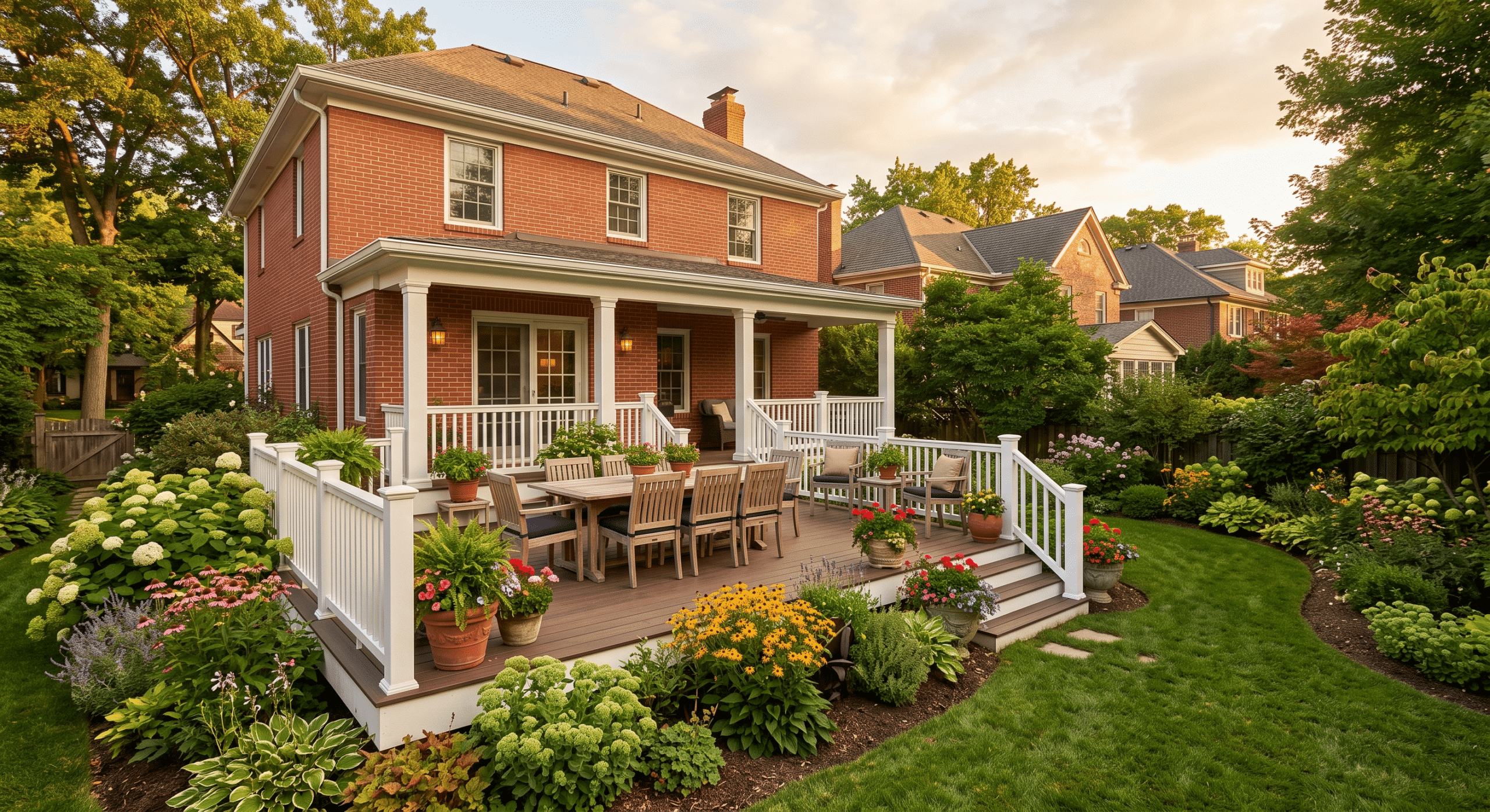 Composite deck with white vinyl railings and covered porch attached to a brick traditional home in a suburban Virginia neighborhood surrounded by hydrangeas and flower gardens
