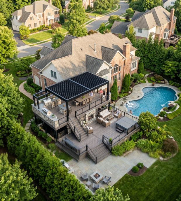 Custom composite deck with cable railings, outdoor dining area, fire pit seating, and pergola attached to an upscale stone home in Northern Virginia, overlooking a landscaped backyard with hydrangeas and manicured lawn