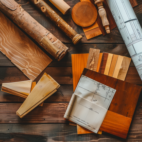 Flat lay of wood plank samples and material swatches with deck blueprint for outdoor project planning