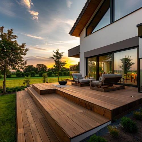 Completed wood deck patio with outdoor seating overlooking garden landscape at golden hour