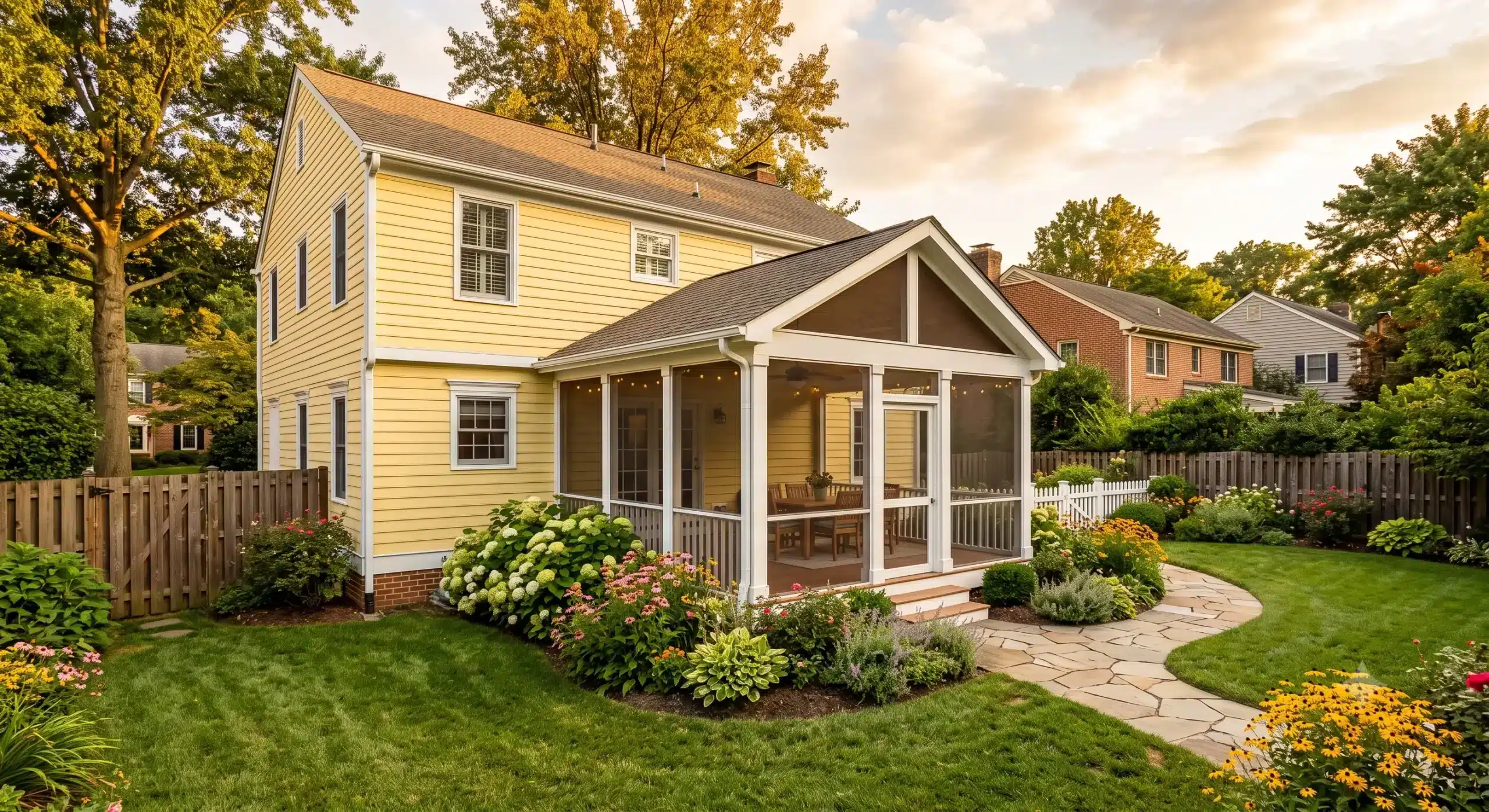 House-attached screened-in porch with white frame, string lights, and wood dining set attached to a yellow colonial home surrounded by hydrangeas and flower gardens in a suburban Northern Virginia neighborhood