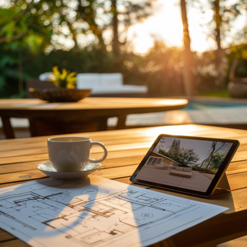 Coffee table with deck blueprint plans and tablet showing outdoor patio design rendering during consultation