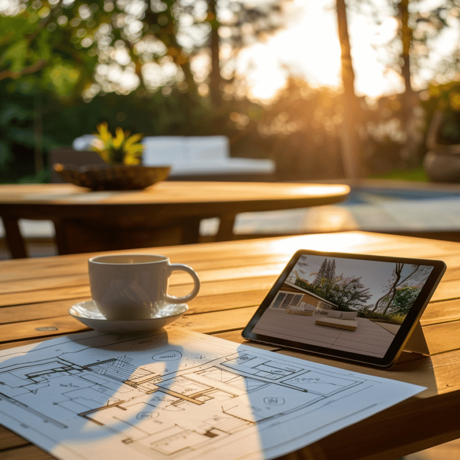 Coffee table with deck blueprint plans and tablet showing outdoor patio design rendering during consultation