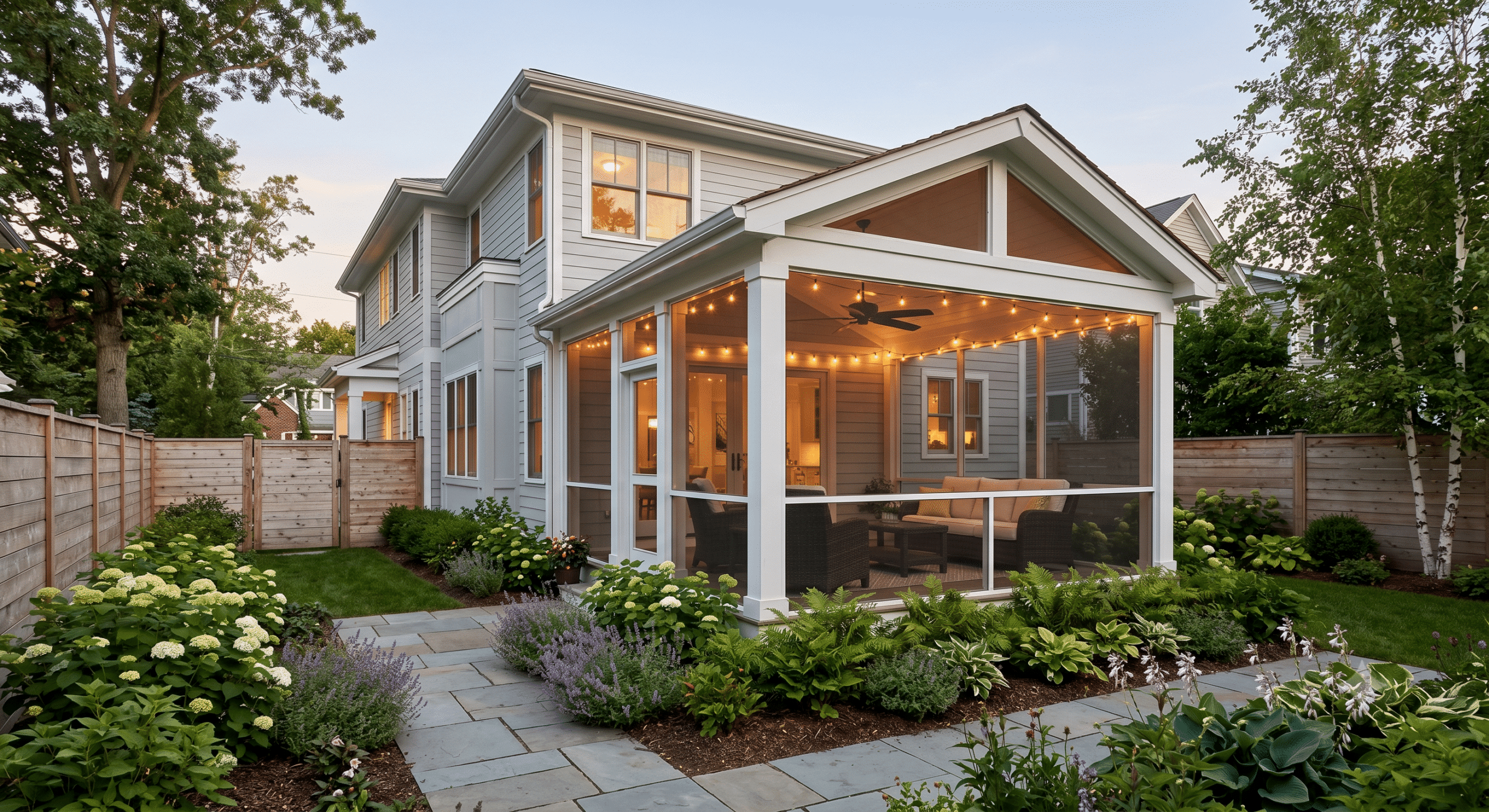 Screened-in porch addition with white frame, string lights, ceiling fan, and wicker furniture attached to a grey craftsman home in a fenced suburban backyard in Northern Virginia