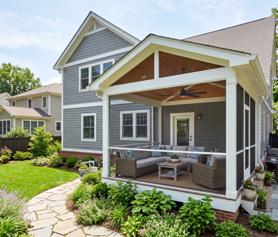 Custom screened-in porch with tongue and groove wood ceiling, ceiling fan, and wicker lounge sectional attached to a grey craftsman home in a suburban Northern Virginia neighborhood