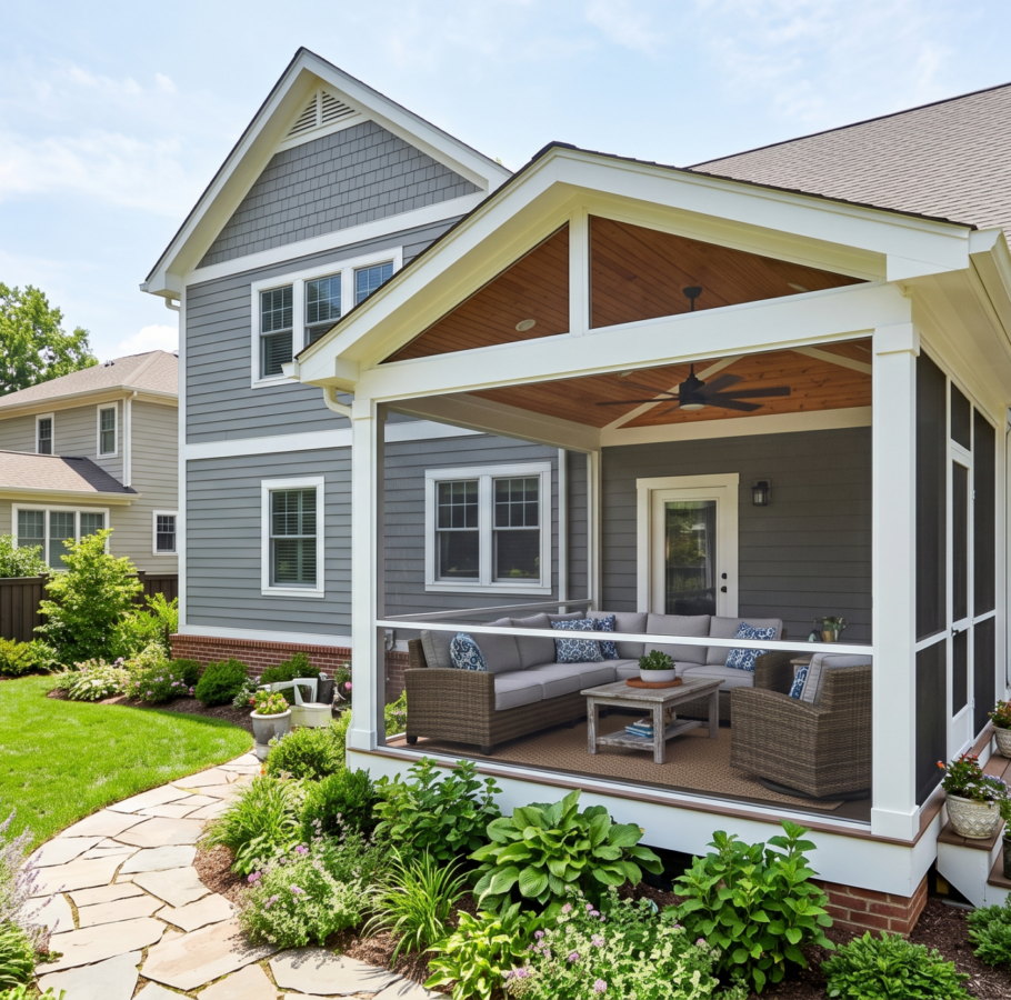 Custom screened-in porch with tongue and groove wood ceiling, ceiling fan, and wicker lounge sectional attached to a grey craftsman home in a suburban Northern Virginia neighborhood