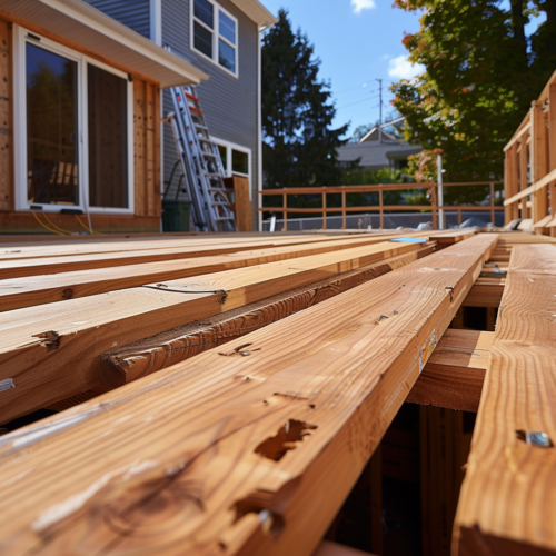 Close-up of cedar deck boards being installed during outdoor deck construction project