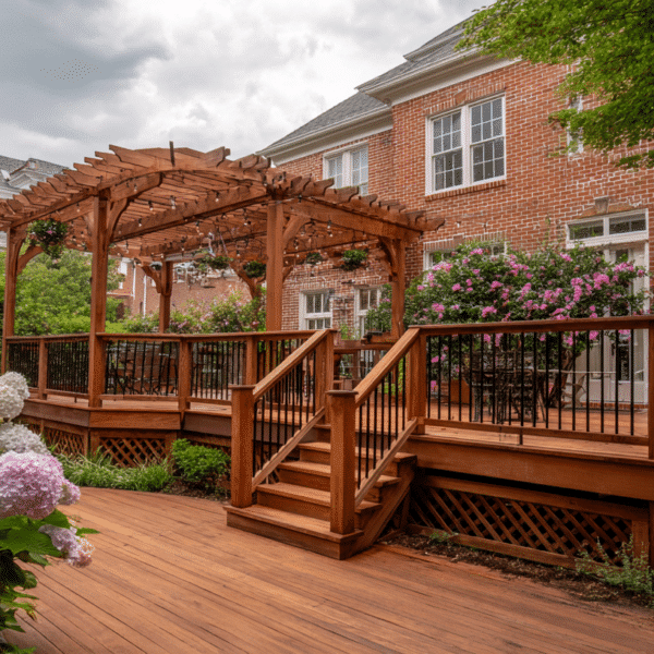 Multi-level cedar deck with an arched pergola and string lights attached to a red brick colonial in Alexandria VA, featuring black metal balusters, a center stair run, lattice skirting, built-in bench seating, and hydrangea plantings