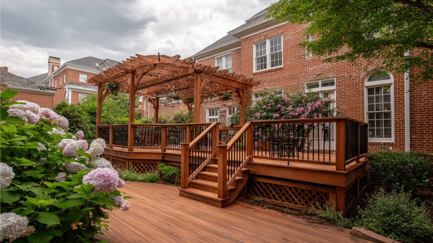 Multi-level cedar deck with an arched pergola and string lights attached to a red brick colonial in Alexandria VA, featuring black metal balusters, a center stair run, lattice skirting, built-in bench seating, and hydrangea plantings
