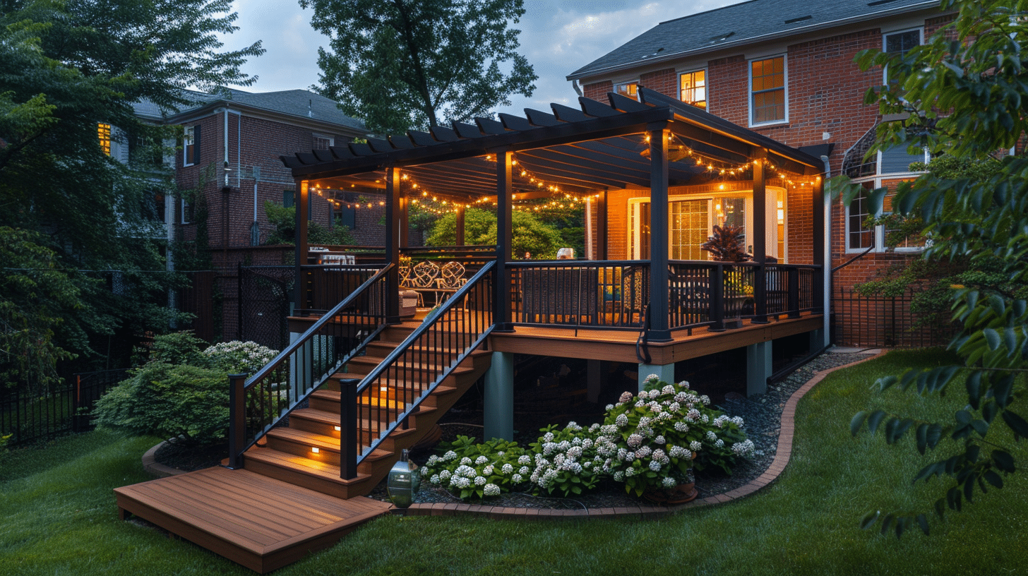 Multi-level composite deck with angled pergola shade structure and string lights at dusk in Arlington VA, featuring black aluminum railings, composite decking, stepped staircases with step lighting, and white hydrangea landscaping
