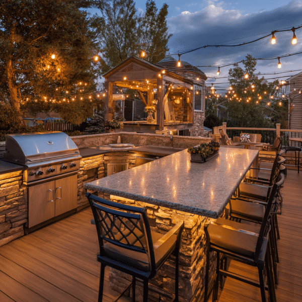 Composite deck with a stacked-stone outdoor kitchen in Ashburn VA at dusk, featuring a built-in stainless steel grill, granite bar counter with seating for five, black metal railing, and overhead string lights
