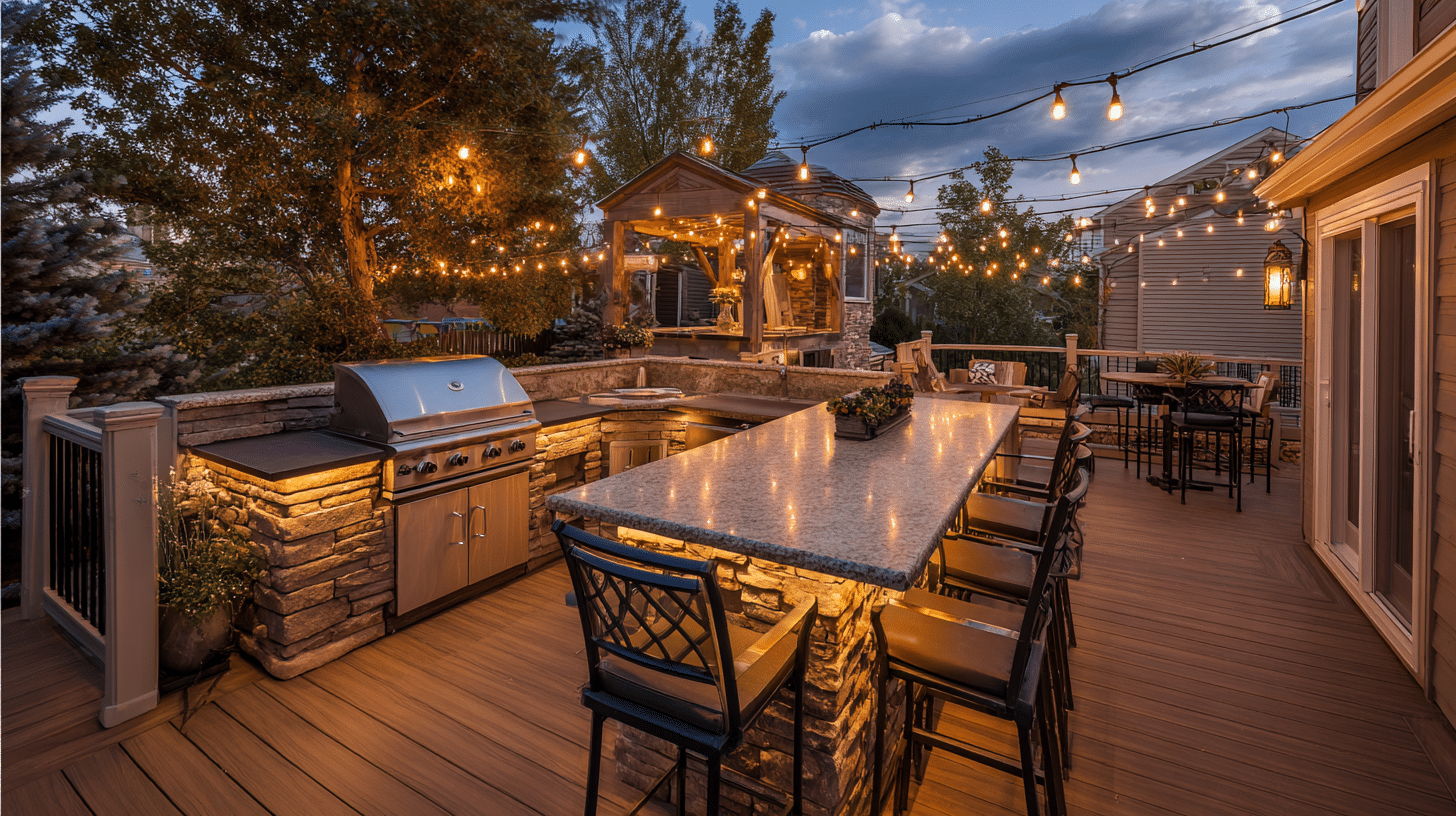Composite deck with a stacked-stone outdoor kitchen in Ashburn VA at dusk, featuring a built-in stainless steel grill, granite bar counter with seating for five, black metal railing, and overhead string lights