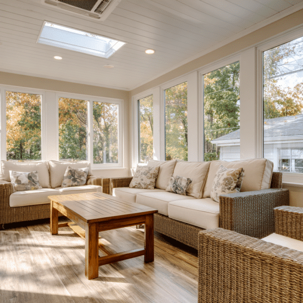 Interior of a four-season sunroom addition in Fairfax VA, featuring wraparound white-trimmed windows, a skylight, ductless mini-split unit, shiplap ceiling, luxury vinyl plank flooring, and wicker seating overlooking autumn trees