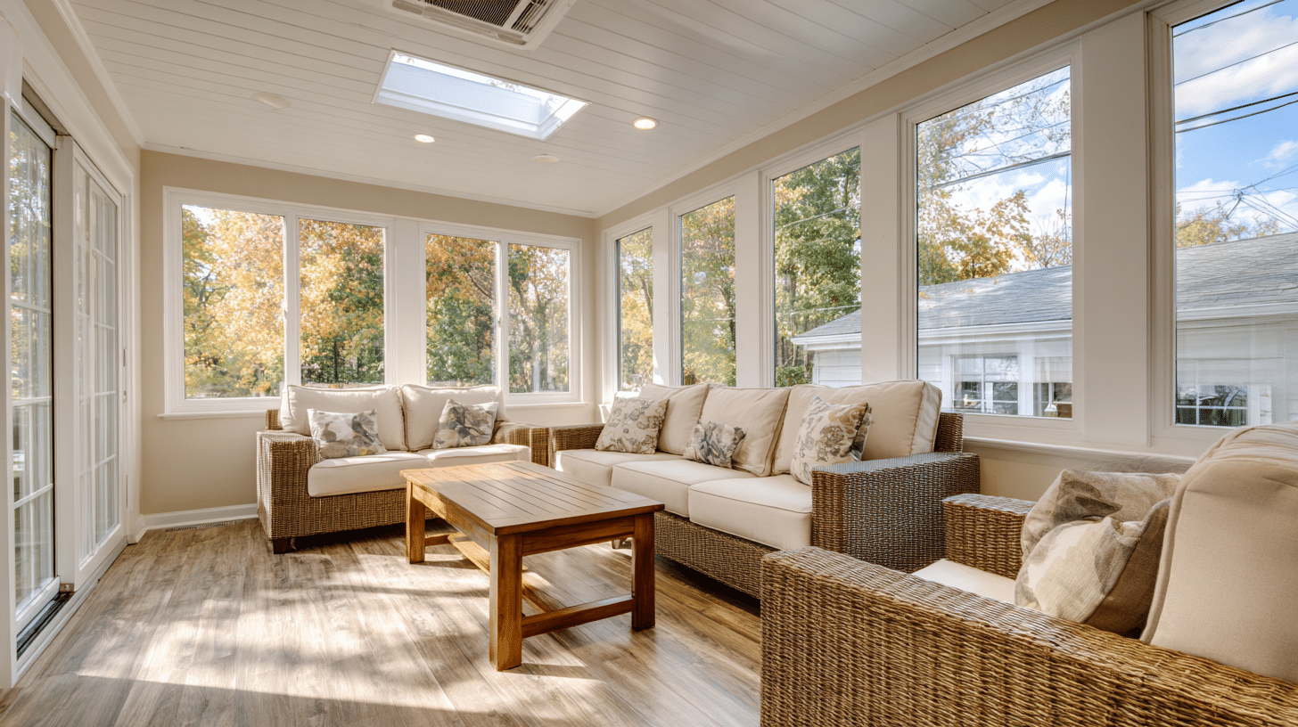 Interior of a four-season sunroom addition in Fairfax VA, featuring wraparound white-trimmed windows, a skylight, ductless mini-split unit, shiplap ceiling, luxury vinyl plank flooring, and wicker seating overlooking autumn trees