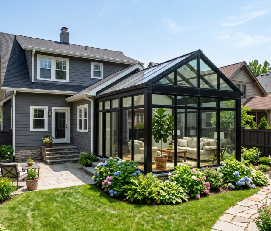Four-season sunroom addition with black aluminum frame, glass gabled roof, and white lounge furniture attached to a grey craftsman home in a suburban Northern Virginia neighborhood surrounded by hydrangeas and flower gardens