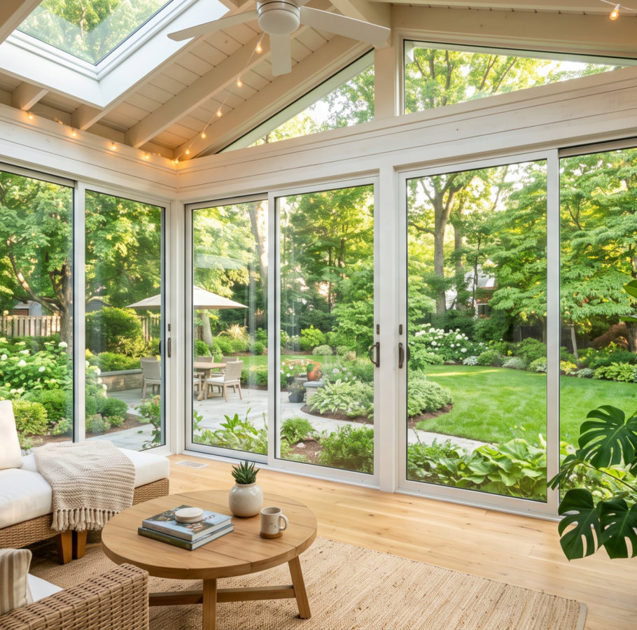 Interior view of a four-season sunroom with floor-to-ceiling glass panels, skylight, wood ceiling, wicker lounge furniture, and monstera plant overlooking a lush suburban Virginia backyard