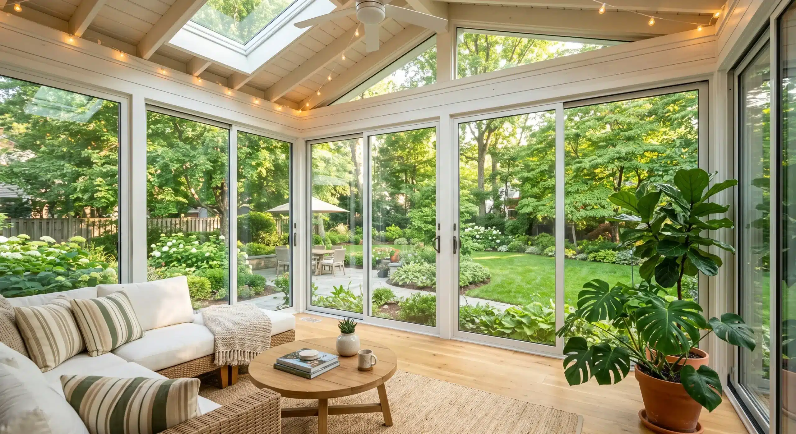Four-season sunroom interior with floor-to-ceiling glass panels in Virginia