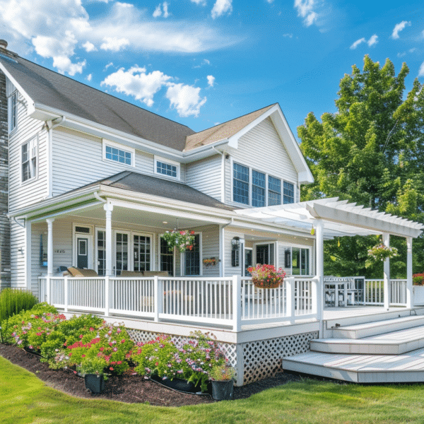 Wraparound composite deck on a white farmhouse in Leesburg VA, featuring a covered porch section with white columns, an attached white pergola, white balusters, cascading corner steps, lattice skirting, and flower bed landscaping