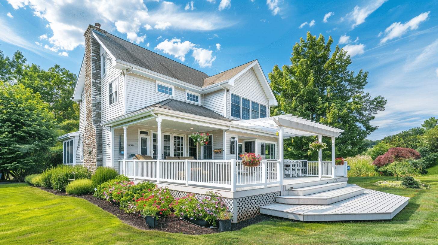 Wraparound composite deck on a white farmhouse in Leesburg VA, featuring a covered porch section with white columns, an attached white pergola, white balusters, cascading corner steps, lattice skirting, and flower bed landscaping