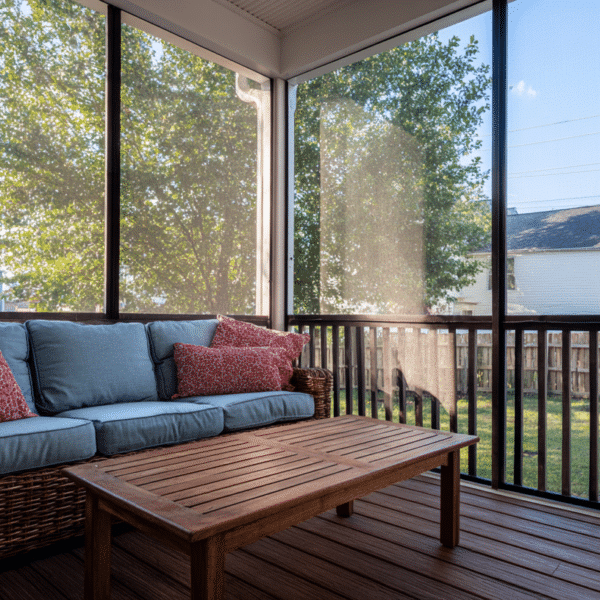 Composite screened porch with motorized retractable screens in McLean VA, built by City Deck with Trex composite decking and aluminum railings overlooking suburban neighborhood
