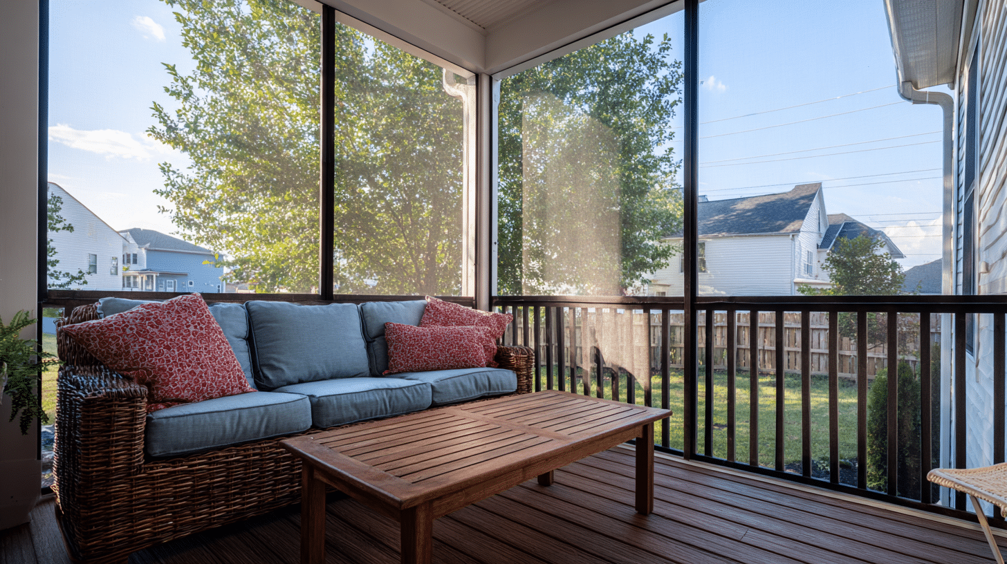 Composite screened porch with motorized retractable screens in McLean VA, built by City Deck with Trex composite decking and aluminum railings overlooking suburban neighborhood