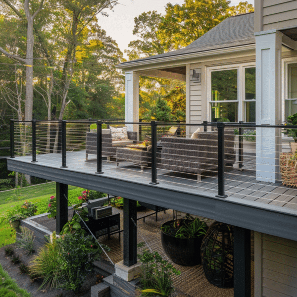 Elevated composite deck with black posts and stainless steel cable railing in Reston VA at golden hour, featuring gray composite decking, a covered porch section with wicker seating, and a gravel patio area beneath the deck overlooking a wooded sloping yard