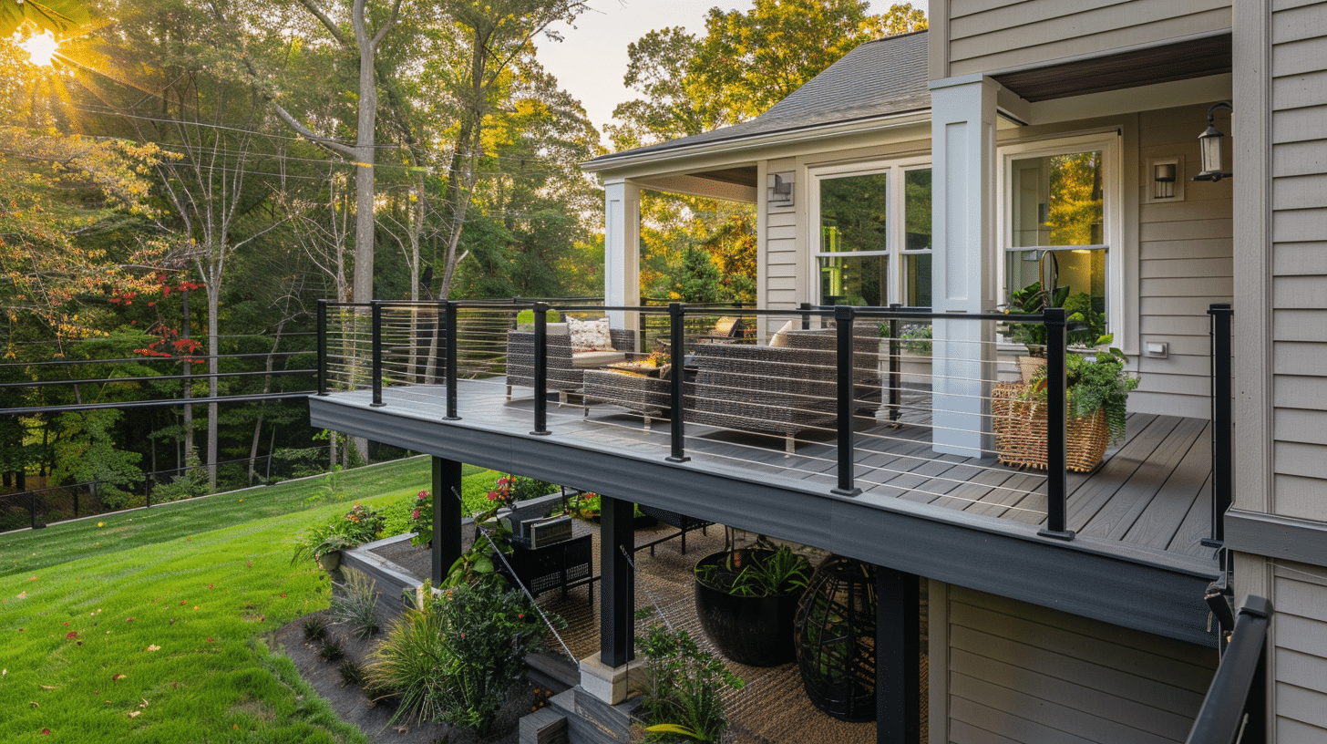 Elevated composite deck with black posts and stainless steel cable railing in Reston VA at golden hour, featuring gray composite decking, a covered porch section with wicker seating, and a gravel patio area beneath the deck overlooking a wooded sloping yard