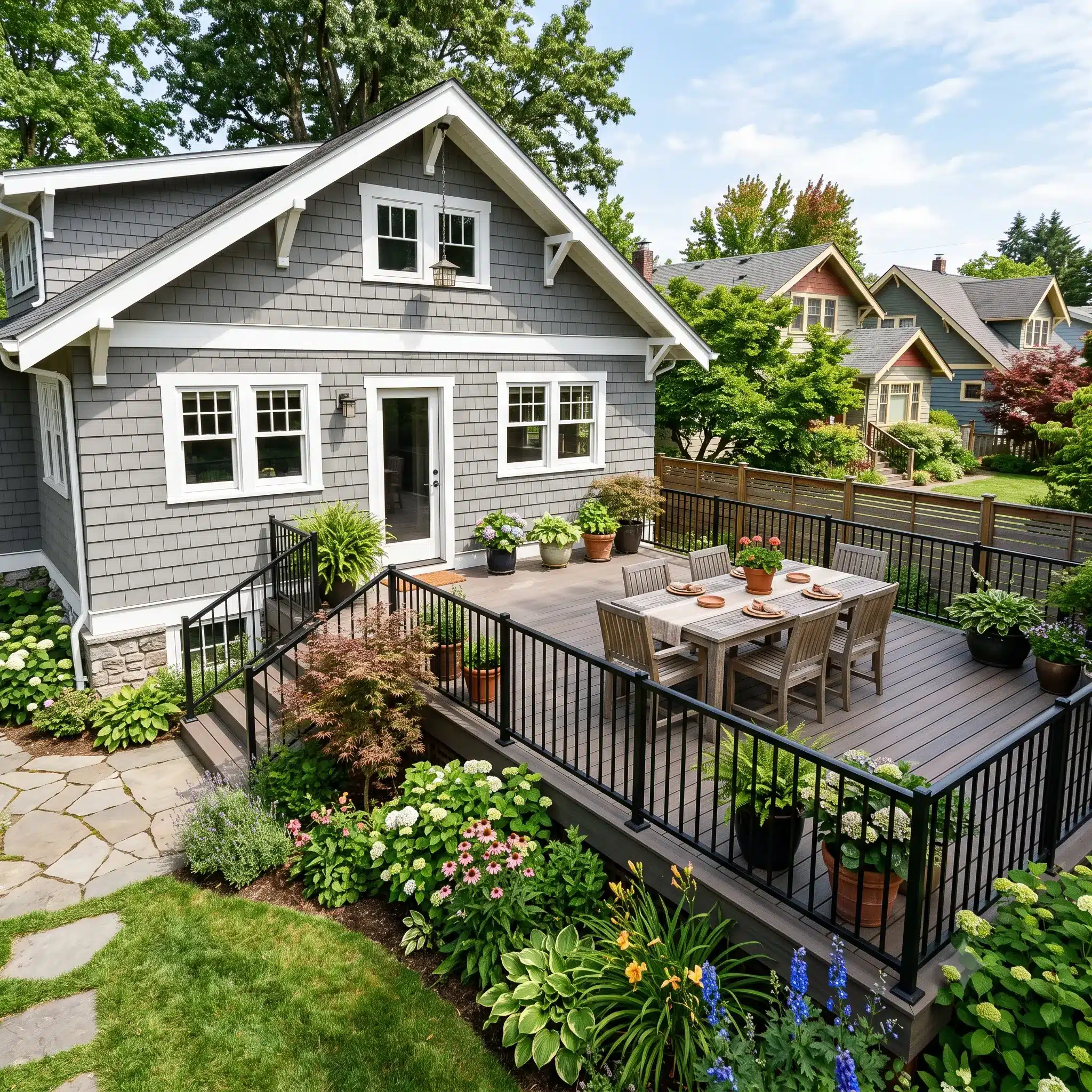 Single level composite deck with black railings attached to a craftsman home in Virginia