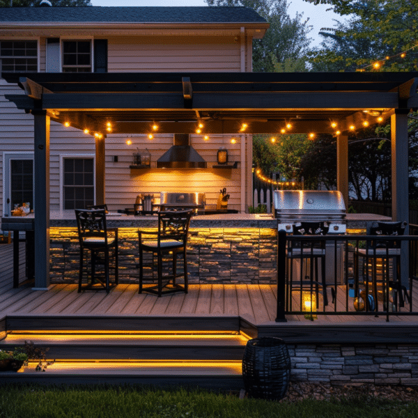 Composite deck at dusk in Sterling VA with a black pergola sheltering an outdoor kitchen, stacked stone bar with under-counter LED lighting, stainless grill and vented range hood, black metal railing, string lights, and illuminated stair treads