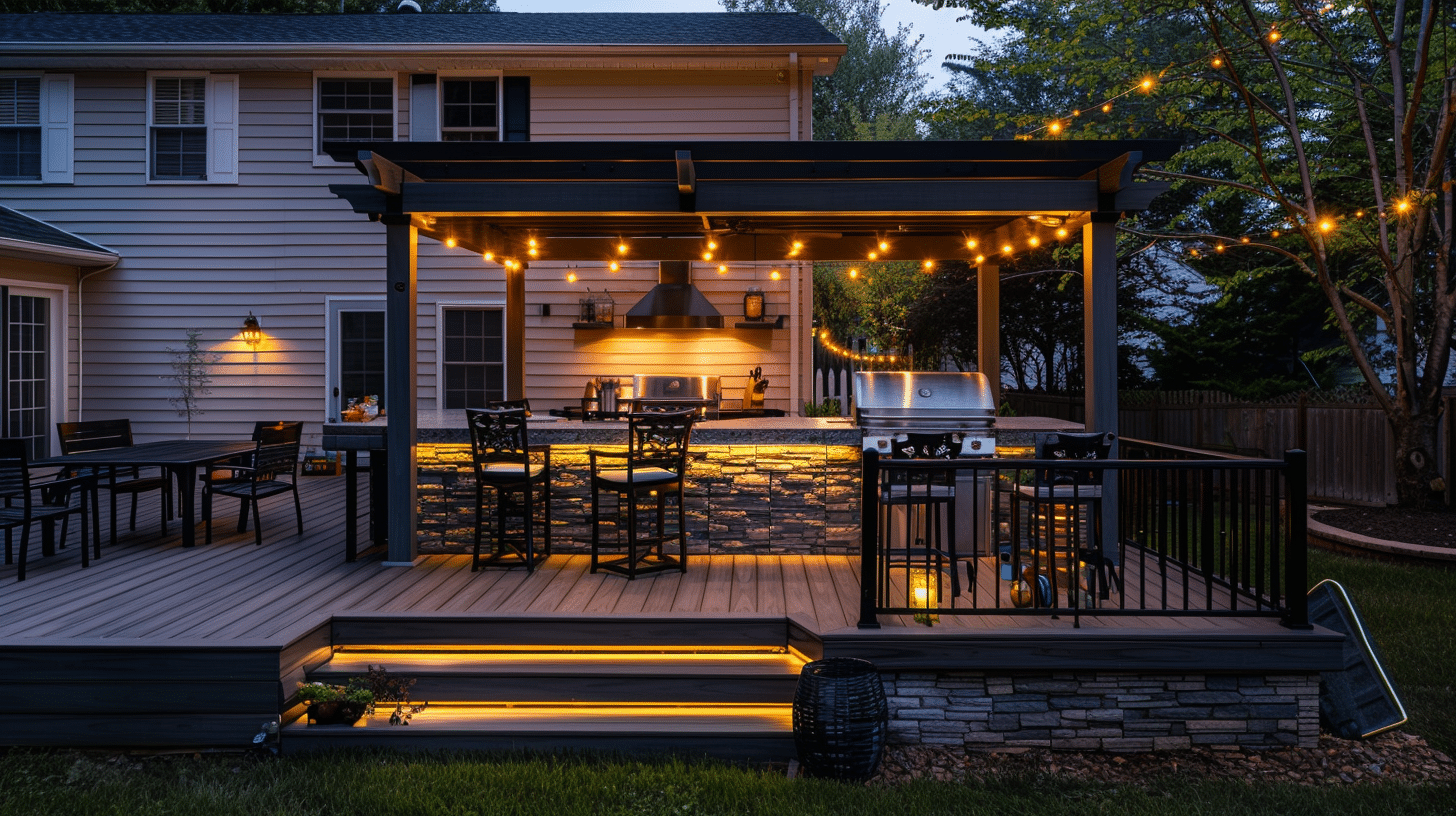 Composite deck at dusk in Sterling VA with a black pergola sheltering an outdoor kitchen, stacked stone bar with under-counter LED lighting, stainless grill and vented range hood, black metal railing, string lights, and illuminated stair treads