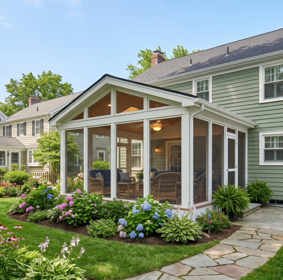 Three-season sunroom addition with white frame, wood ceiling, ceiling fan, and wicker lounge furniture attached to a sage green colonial home in a suburban Northern Virginia neighborhood surrounded by hydrangeas