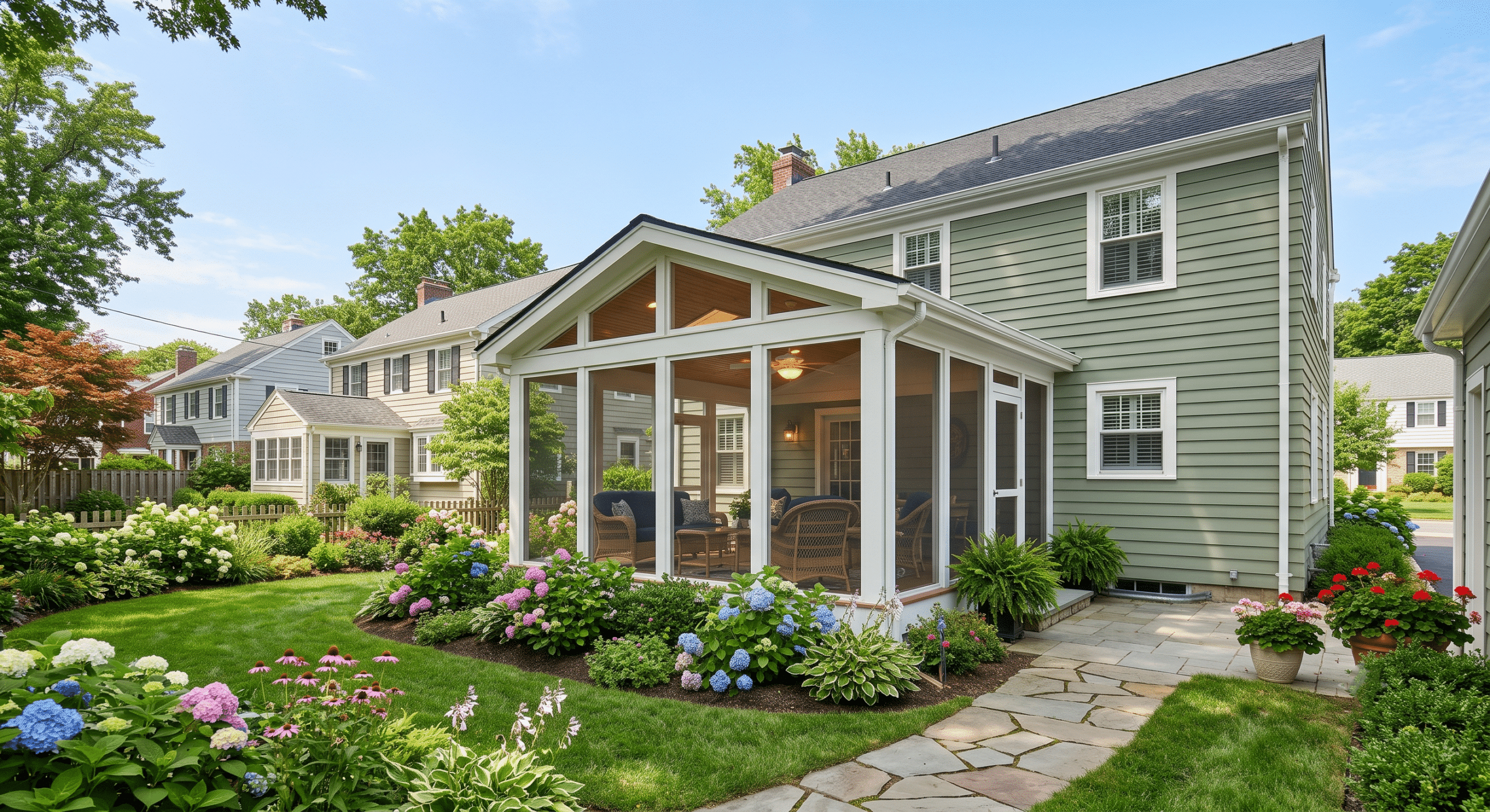 Three-season sunroom addition with white frame, wood ceiling, ceiling fan, and wicker lounge furniture attached to a sage green colonial home in a suburban Northern Virginia neighborhood surrounded by hydrangeas