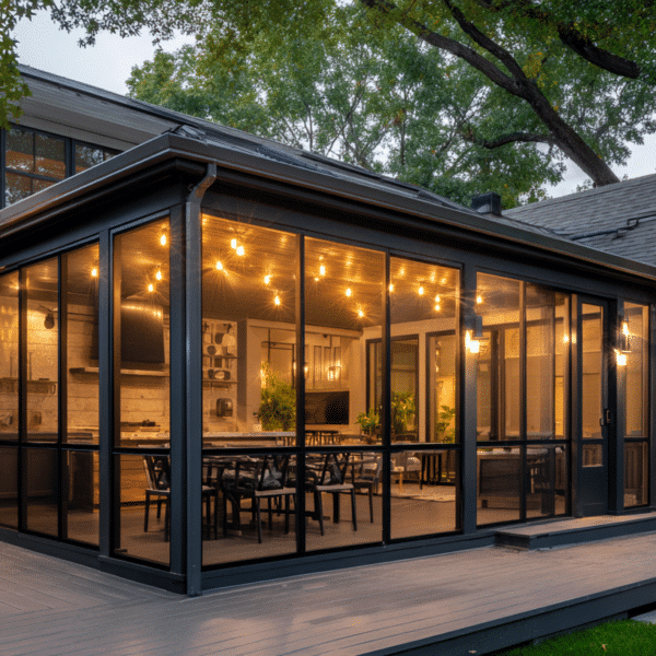 Screened-in porch with black aluminum framing and shed roof attached to a gray home in Vienna VA at dusk, lit by interior string lights, with a gray composite deck wrapping the porch and a stone fire pit at the edge