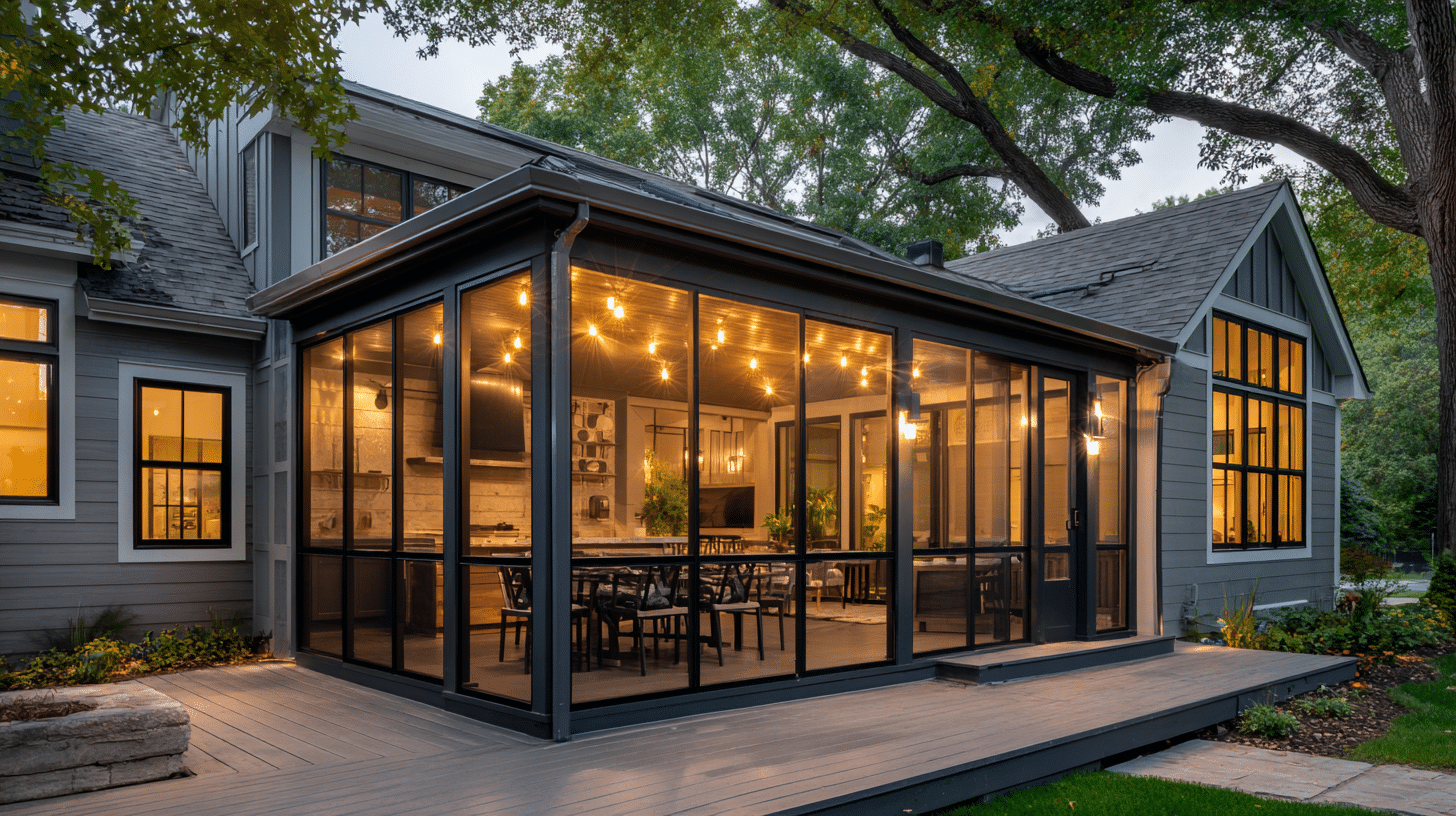 Screened-in porch with black aluminum framing and shed roof attached to a gray home in Vienna VA at dusk, lit by interior string lights, with a gray composite deck wrapping the porch and a stone fire pit at the edge