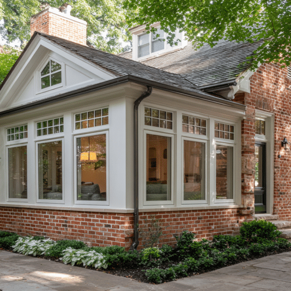 Sunroom addition on a red brick colonial home in Vienna VA, featuring white-trimmed floor-to-ceiling windows with transom glass, gabled roof with slate shingles, matching brick foundation, and bluestone patio walkway
