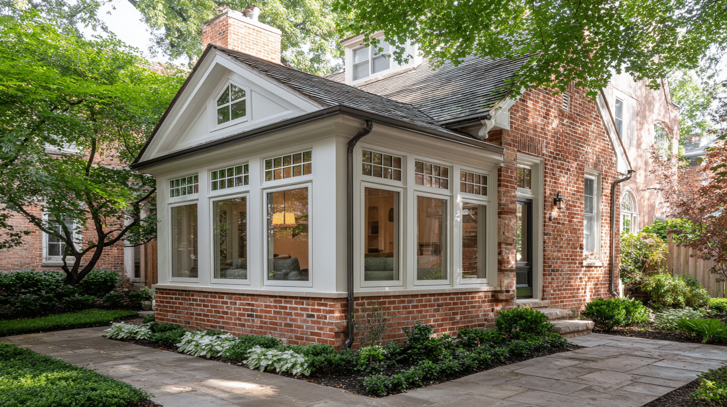 Sunroom addition on a red brick colonial home in Vienna VA, featuring white-trimmed floor-to-ceiling windows with transom glass, gabled roof with slate shingles, matching brick foundation, and bluestone patio walkway