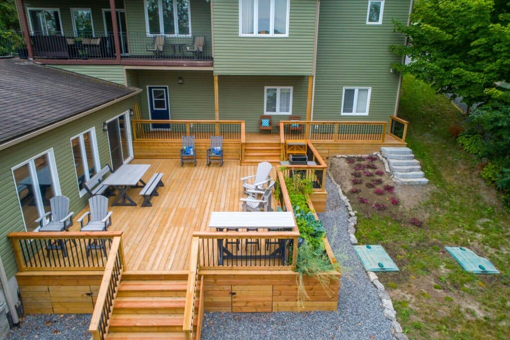 Spacious backyard deck with comfortable outdoor seating